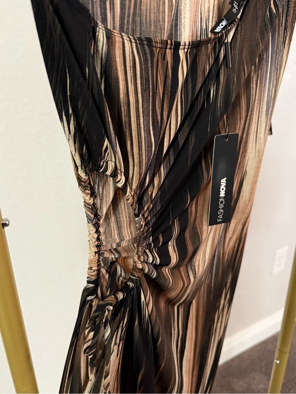 Fashion Nova Brown Black Swirl Mesh Asymmetrical Midi Dress Med NWT - Picture 4 of 6
